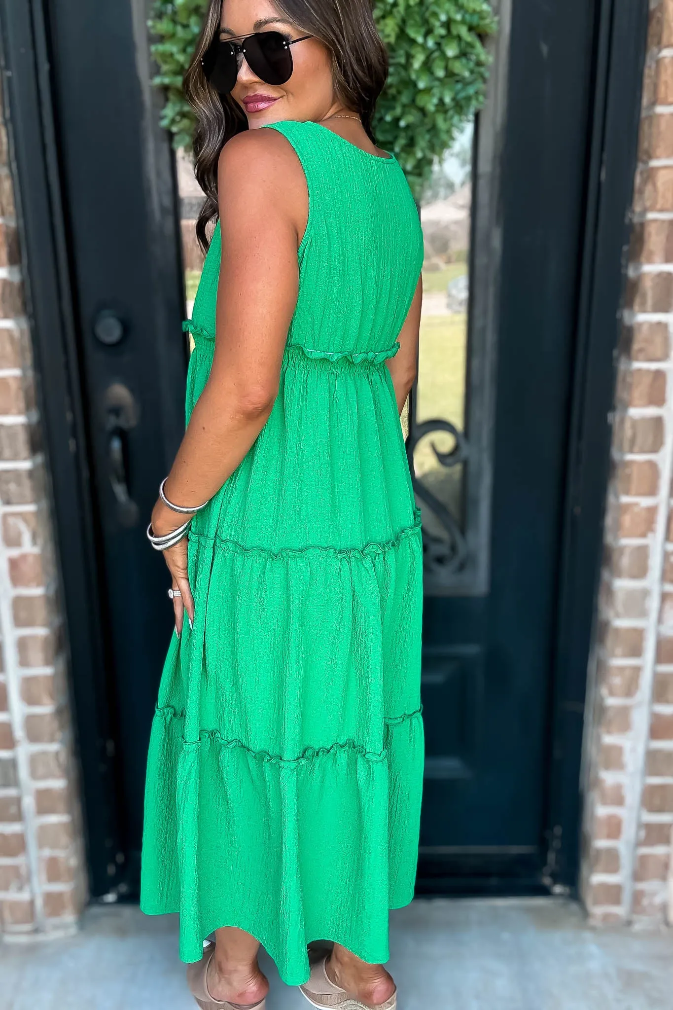 Kelly Green V-Neck Ruffled Tiered Maxi Dress