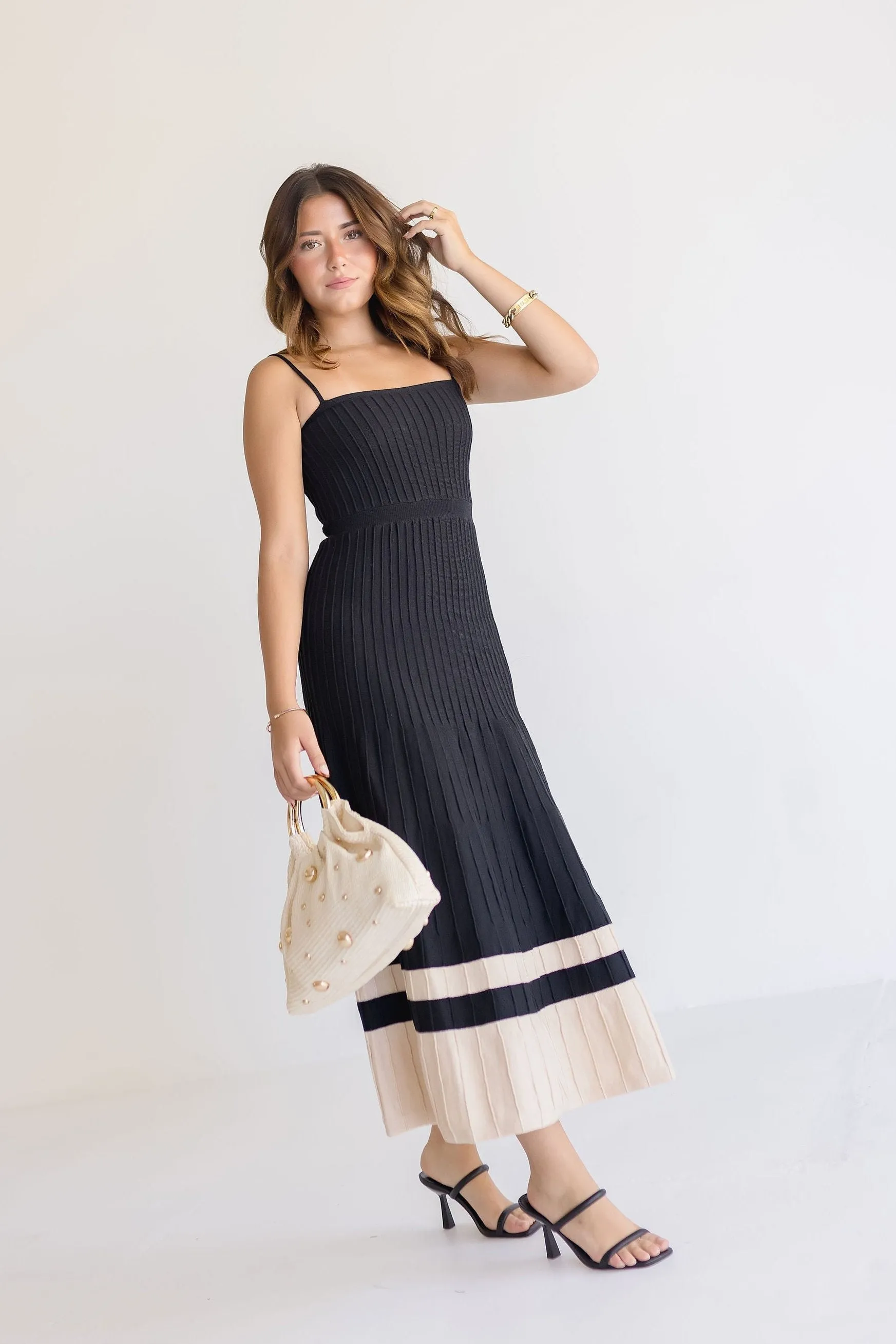 Kennedy Sleeveless Pleated Knit Midi Dress Black