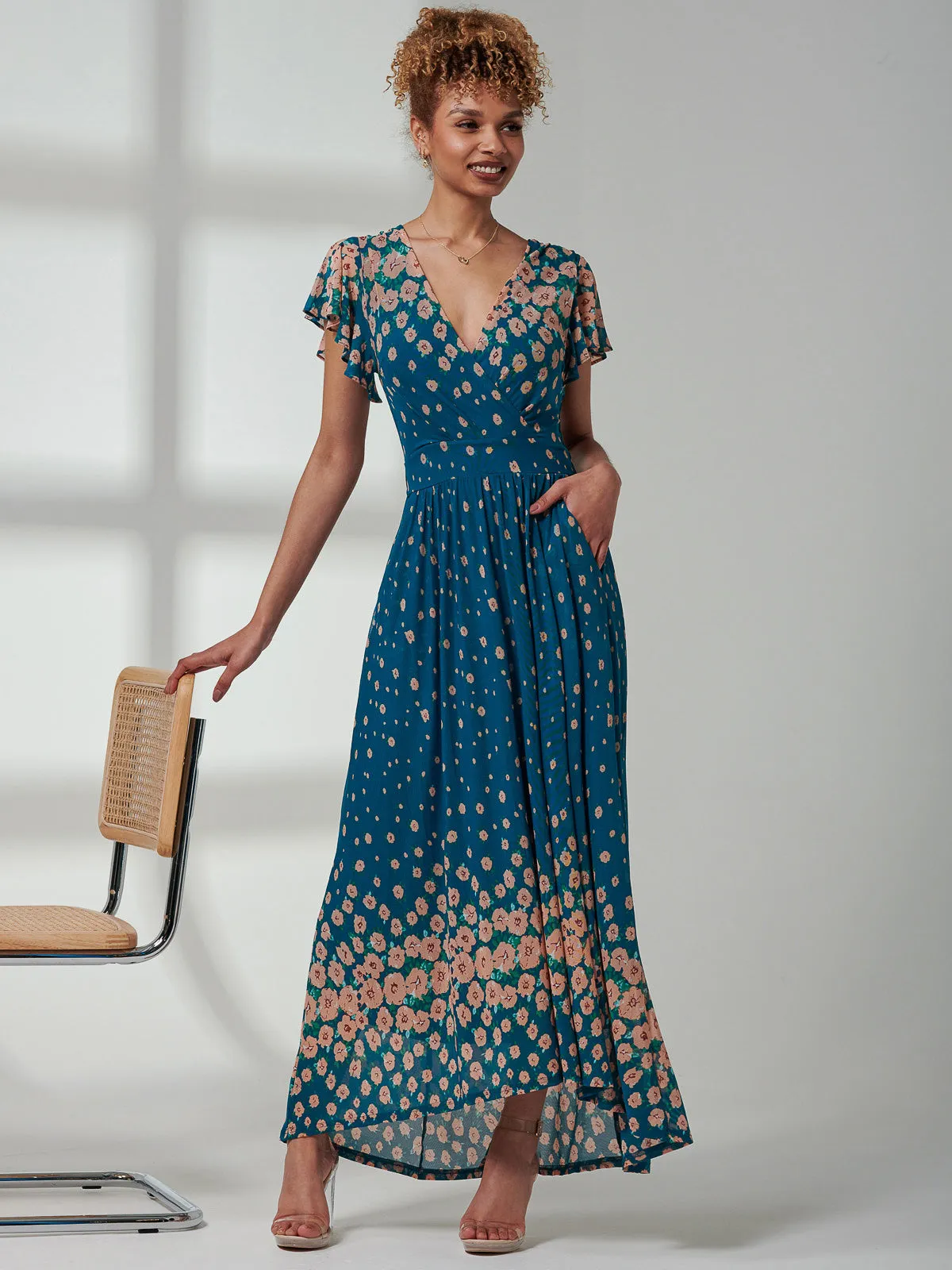 Kora Cap Sleeve Mesh Maxi Dress, Teal Floral