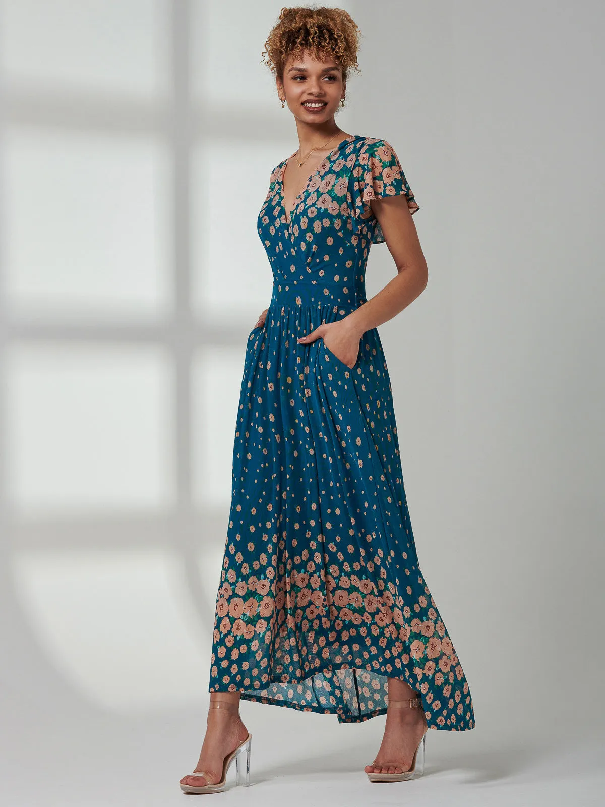 Kora Cap Sleeve Mesh Maxi Dress, Teal Floral