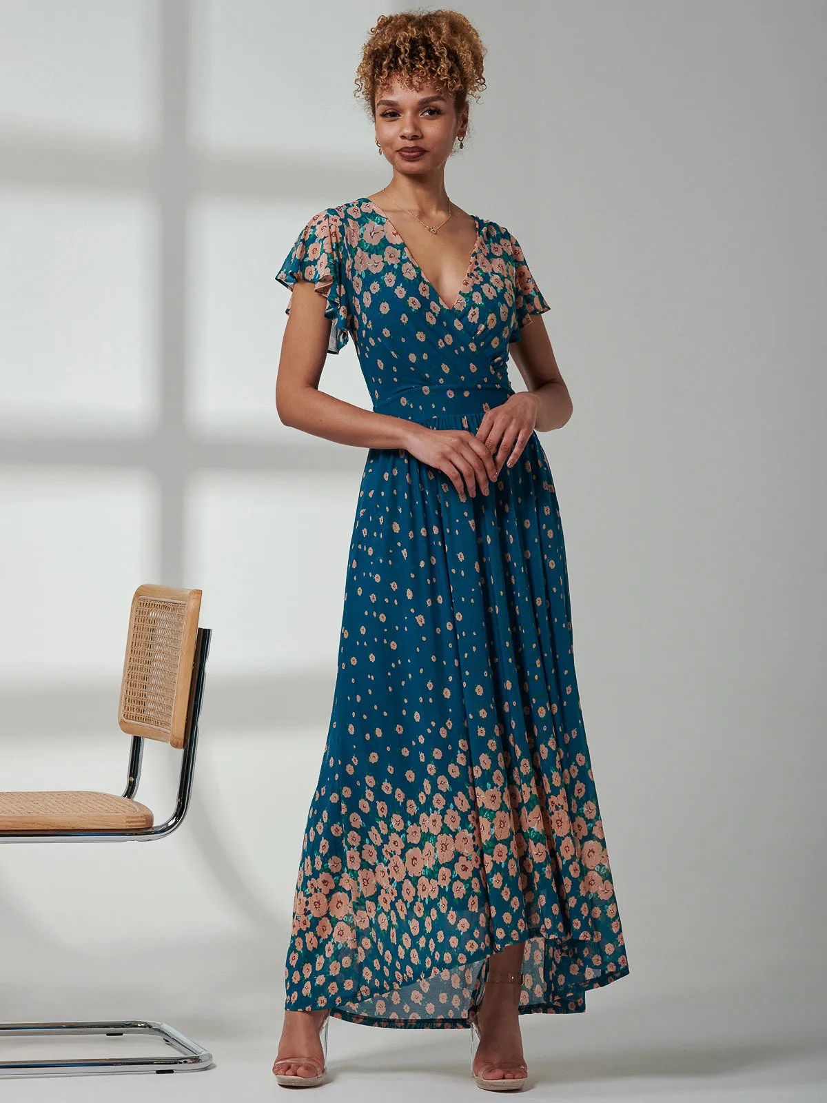 Kora Cap Sleeve Mesh Maxi Dress, Teal Floral