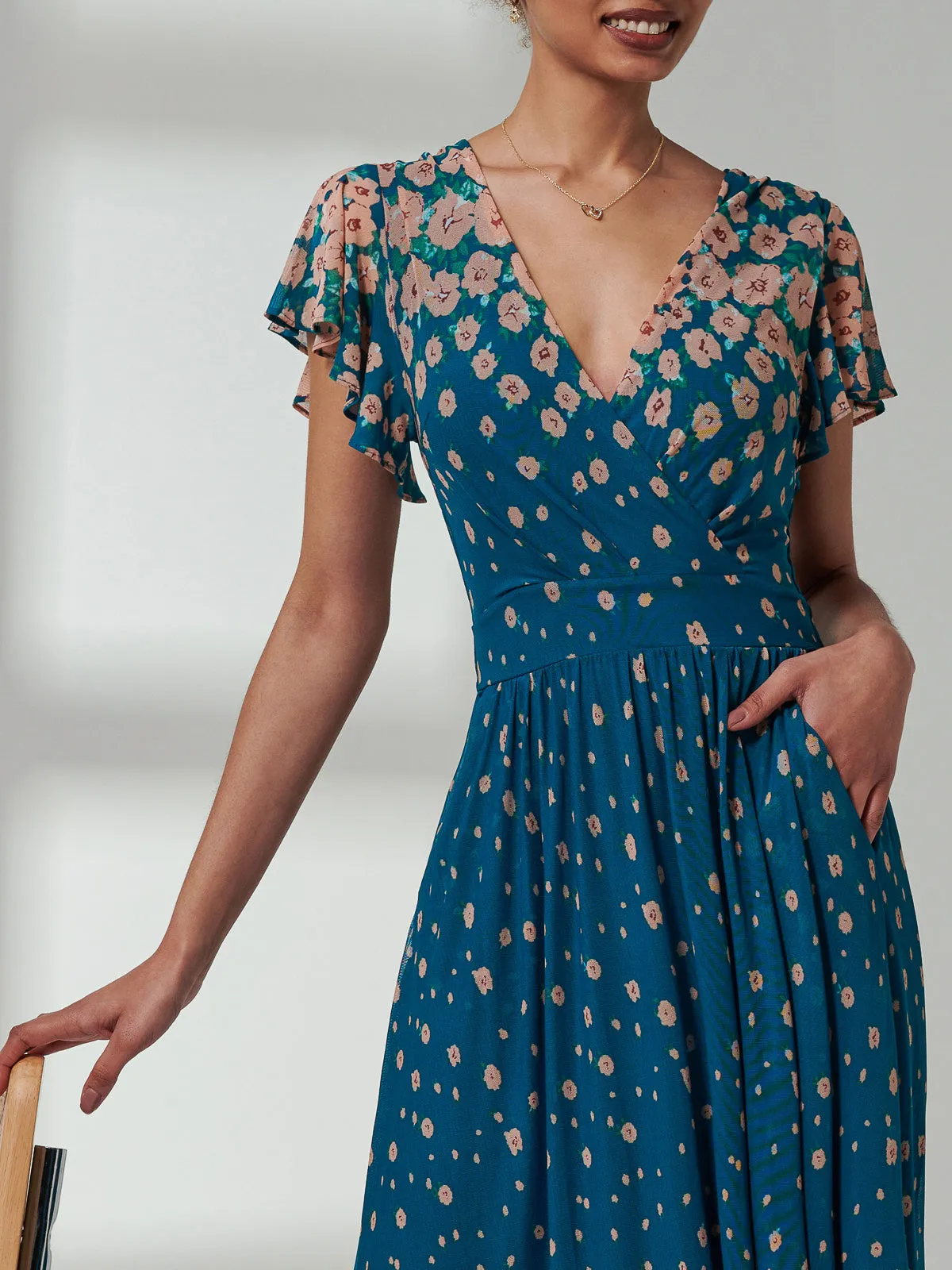 Kora Cap Sleeve Mesh Maxi Dress, Teal Floral