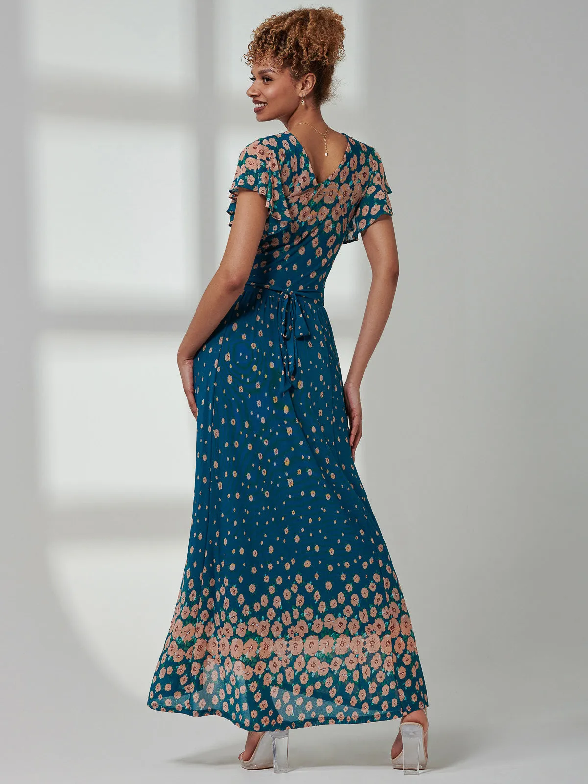 Kora Cap Sleeve Mesh Maxi Dress, Teal Floral