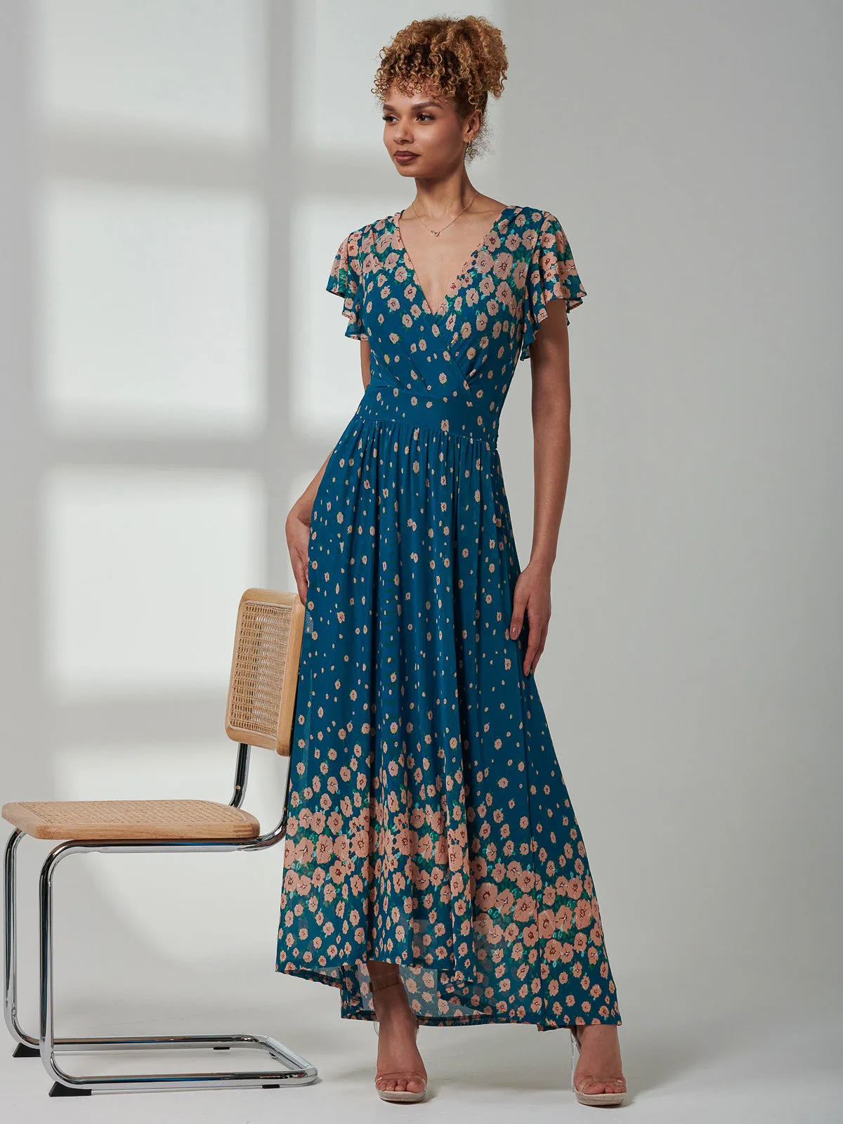 Kora Cap Sleeve Mesh Maxi Dress, Teal Floral