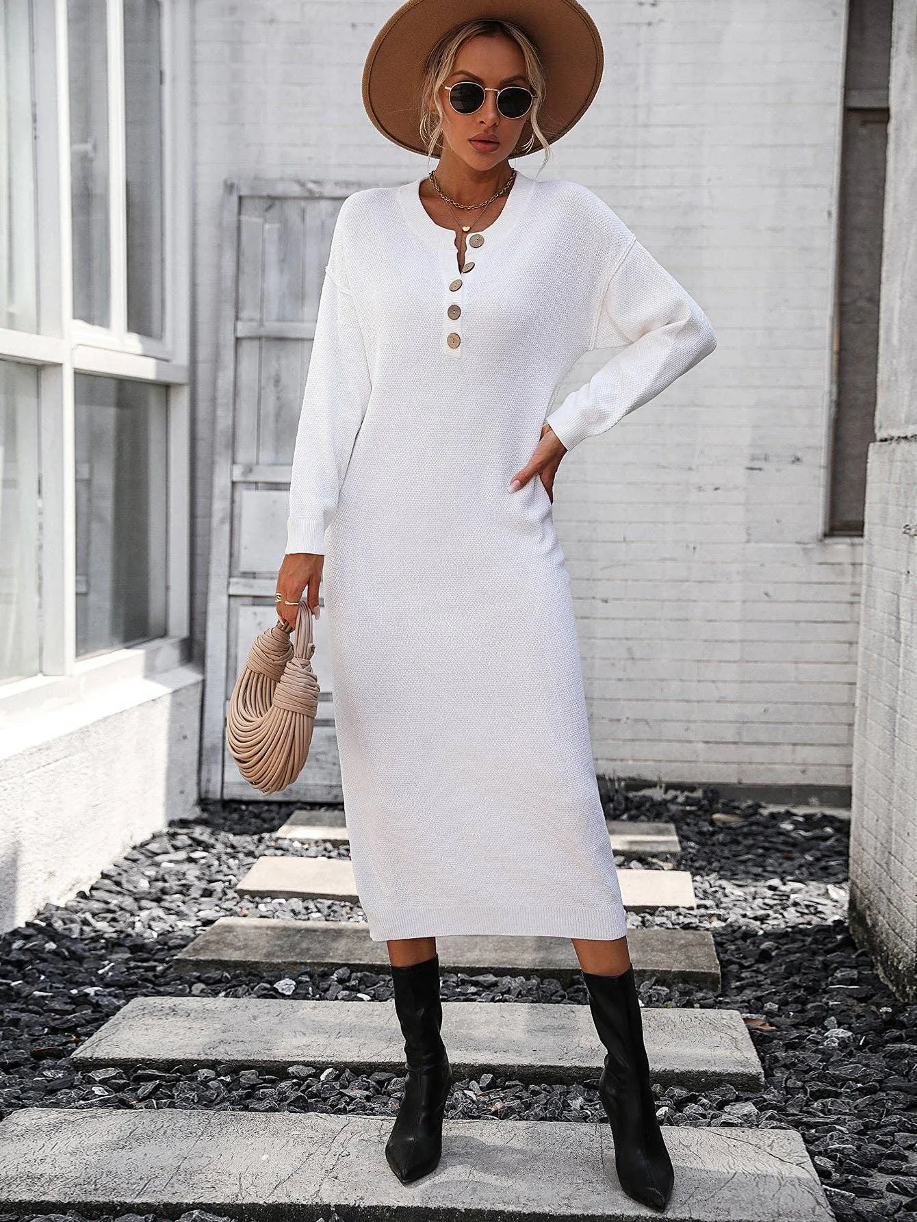 Ladies Button Long Sleeves Daily Knit Dress E2319