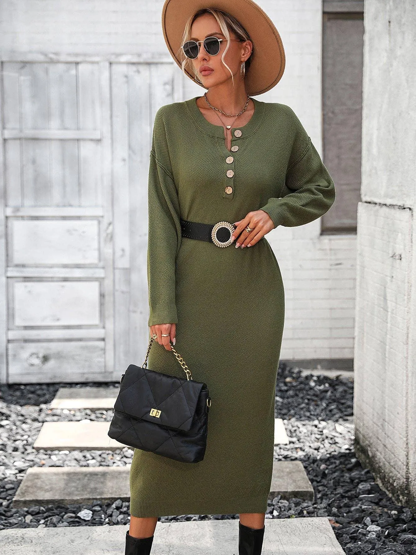 Ladies Button Long Sleeves Daily Knit Dress E2319