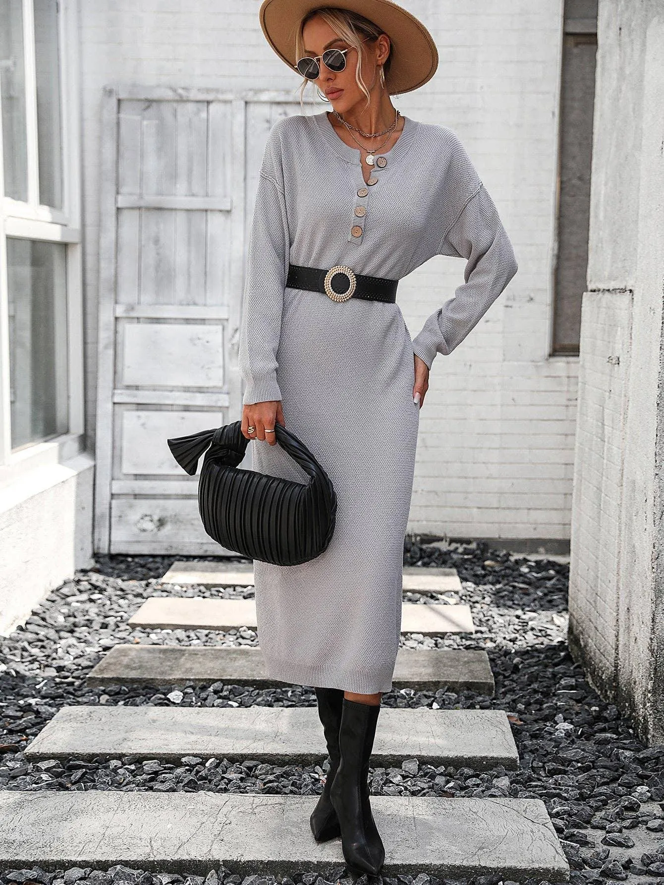 Ladies Button Long Sleeves Daily Knit Dress E2319