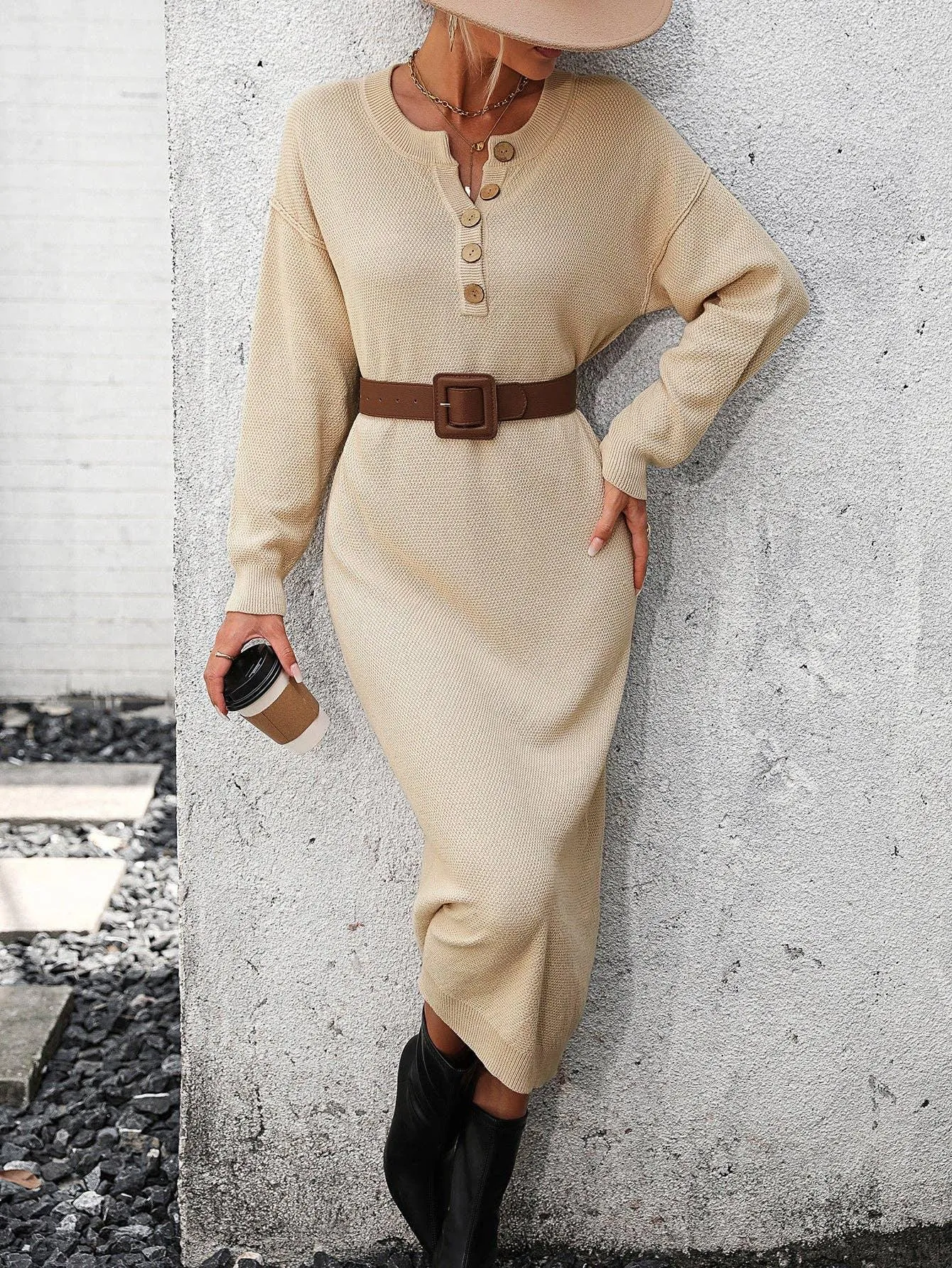 Ladies Button Long Sleeves Daily Knit Dress E2319