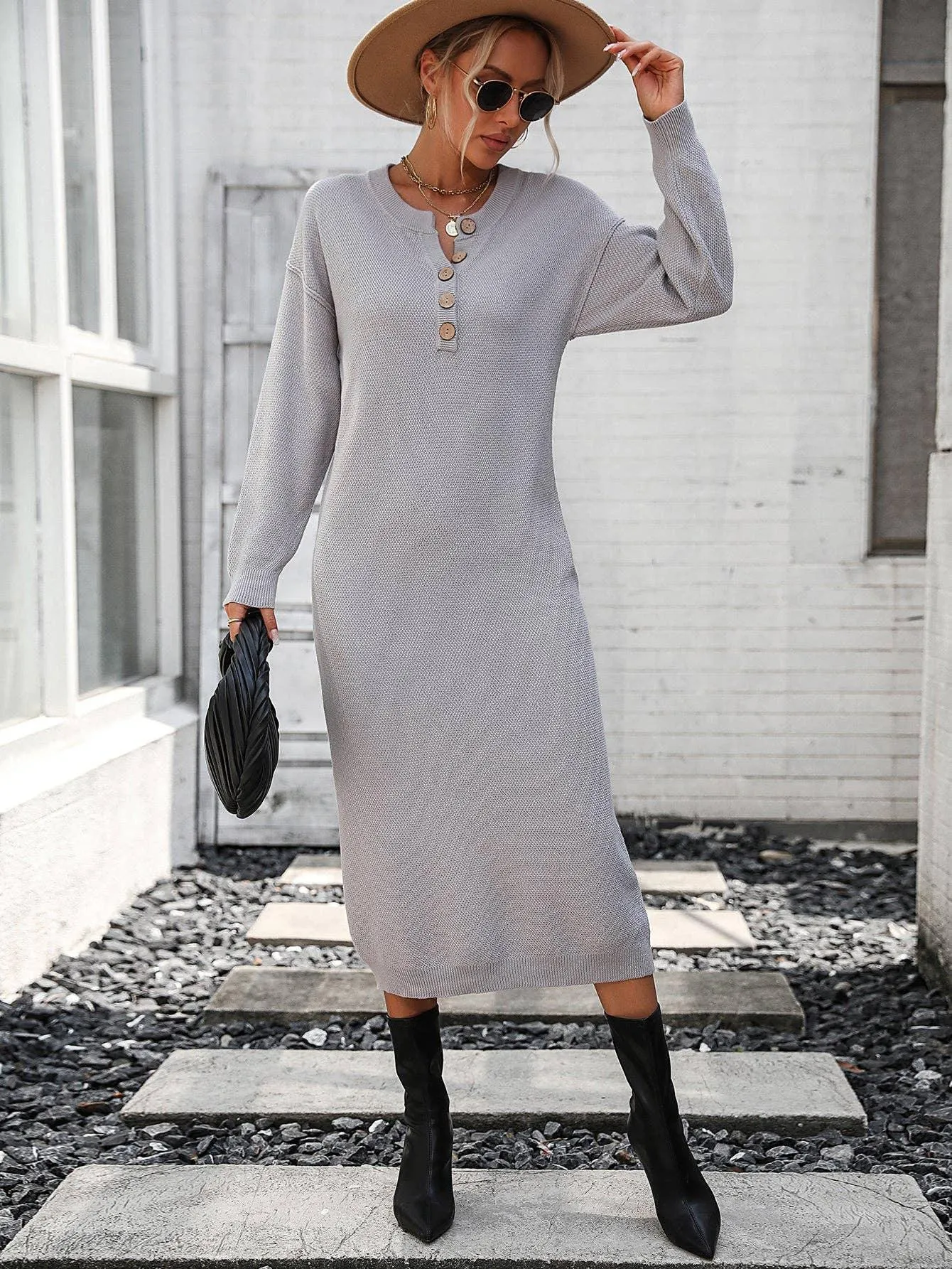 Ladies Button Long Sleeves Daily Knit Dress E2319