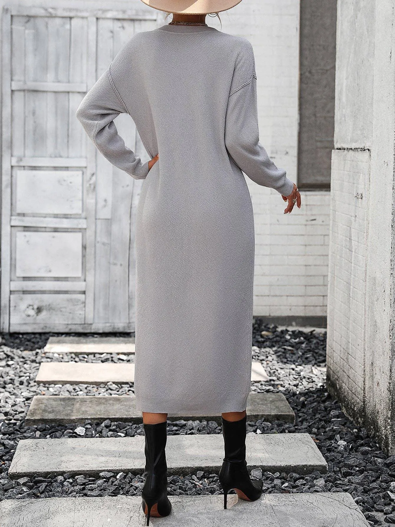 Ladies Button Long Sleeves Daily Knit Dress E2319