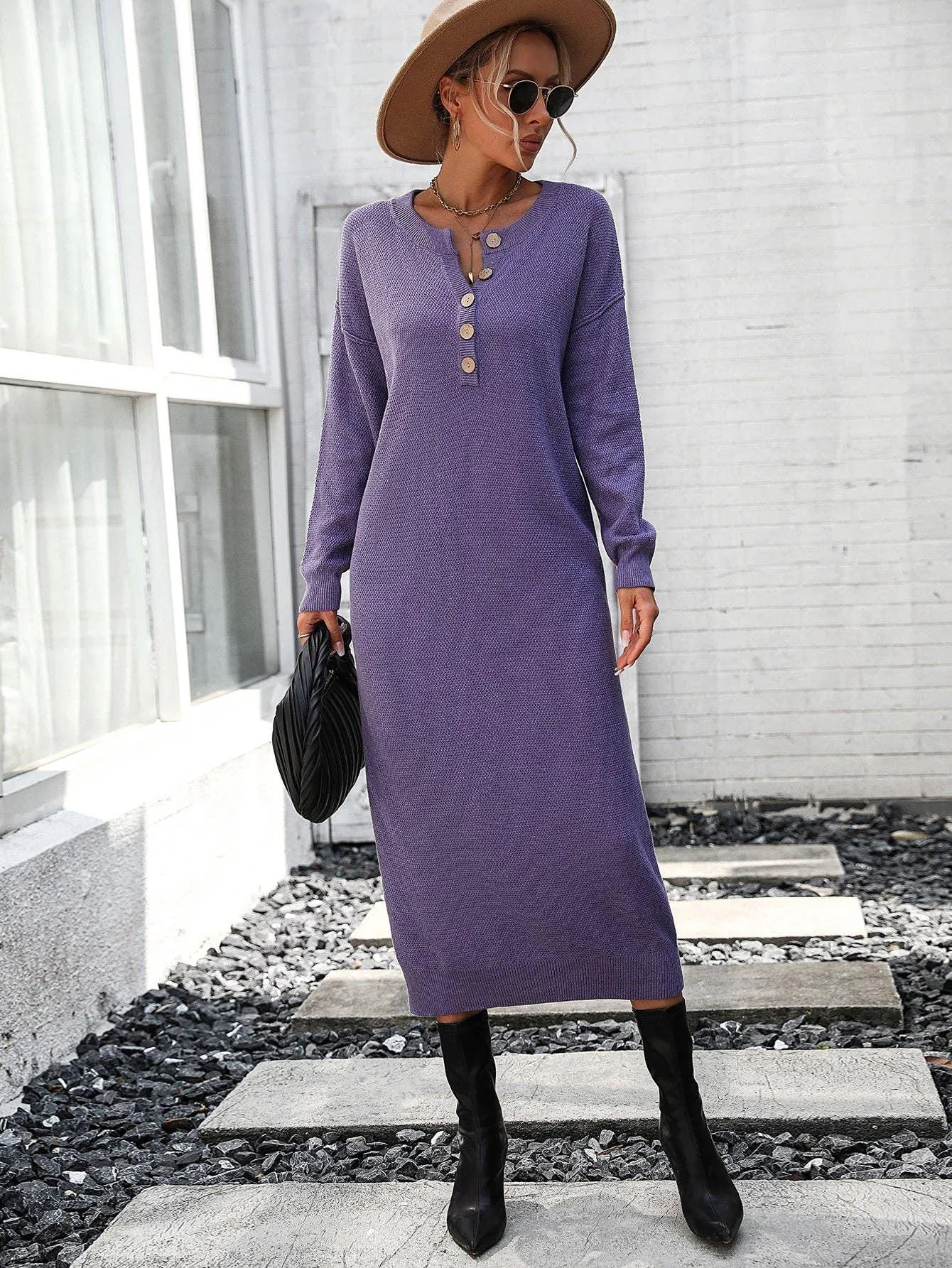 Ladies Button Long Sleeves Daily Knit Dress E2319