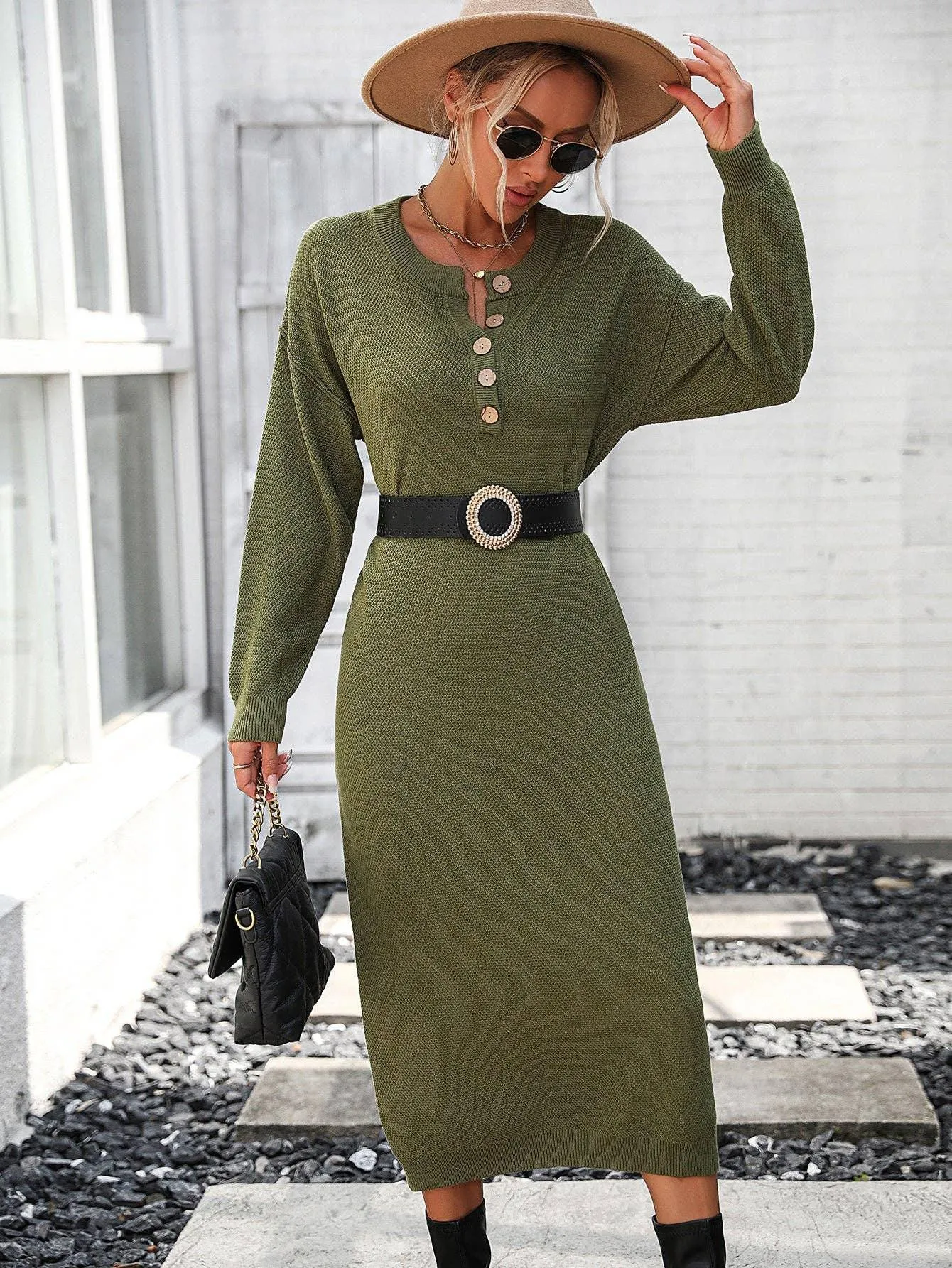 Ladies Button Long Sleeves Daily Knit Dress E2319