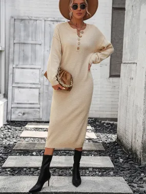 Ladies Button Long Sleeves Daily Knit Dress E2319