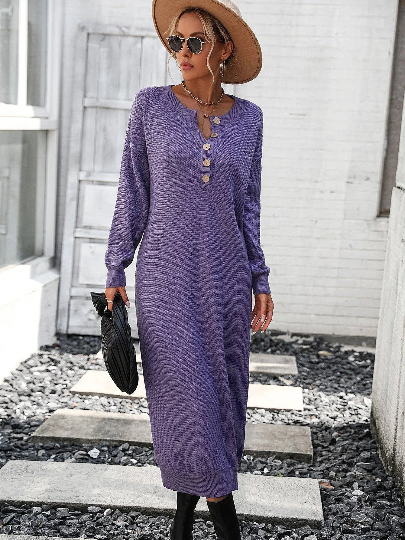 Ladies Button Long Sleeves Daily Knit Dress E2319