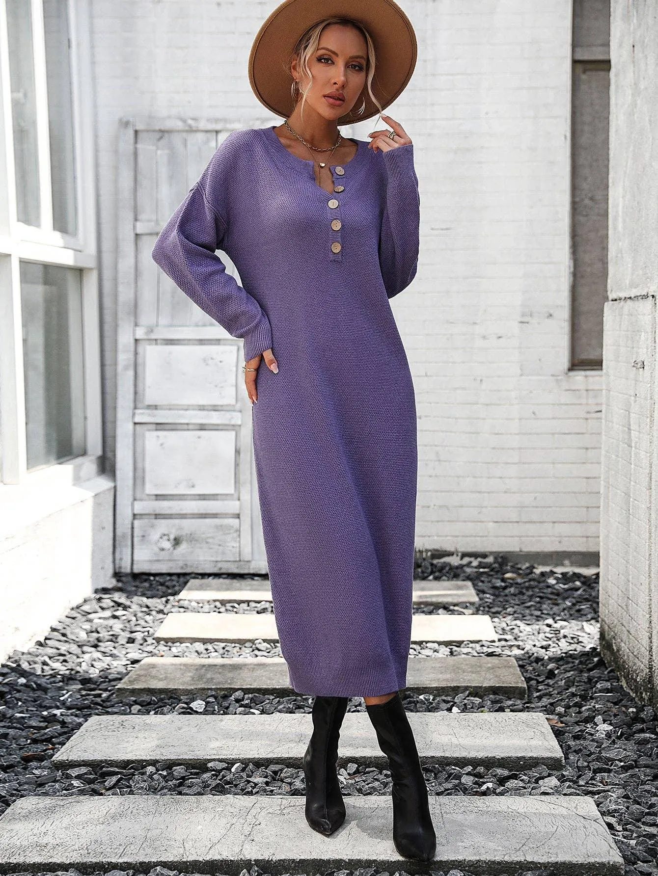 Ladies Button Long Sleeves Daily Knit Dress E2319