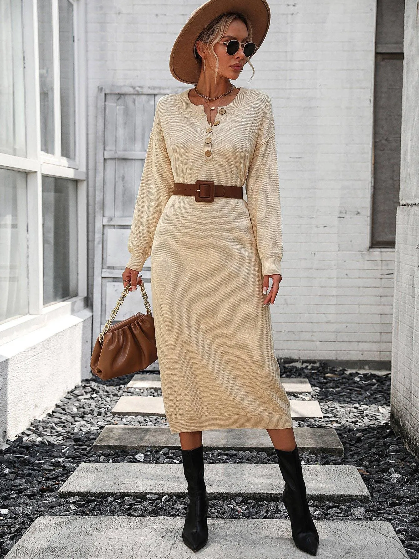 Ladies Button Long Sleeves Daily Knit Dress E2319