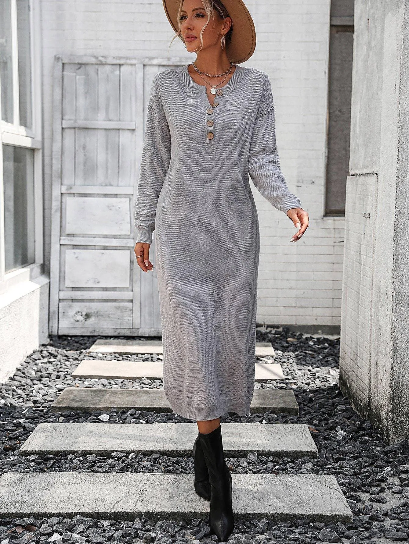 Ladies Button Long Sleeves Daily Knit Dress E2319