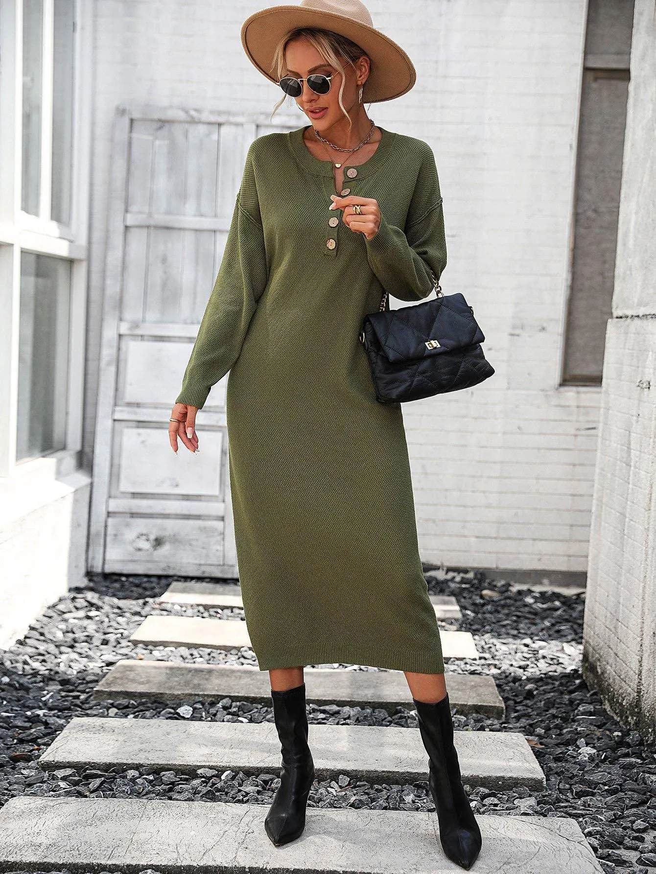 Ladies Button Long Sleeves Daily Knit Dress E2319