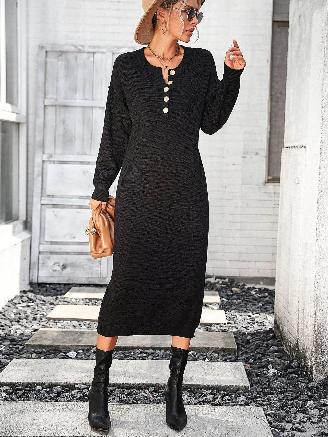 Ladies Button Long Sleeves Daily Knit Dress E2319