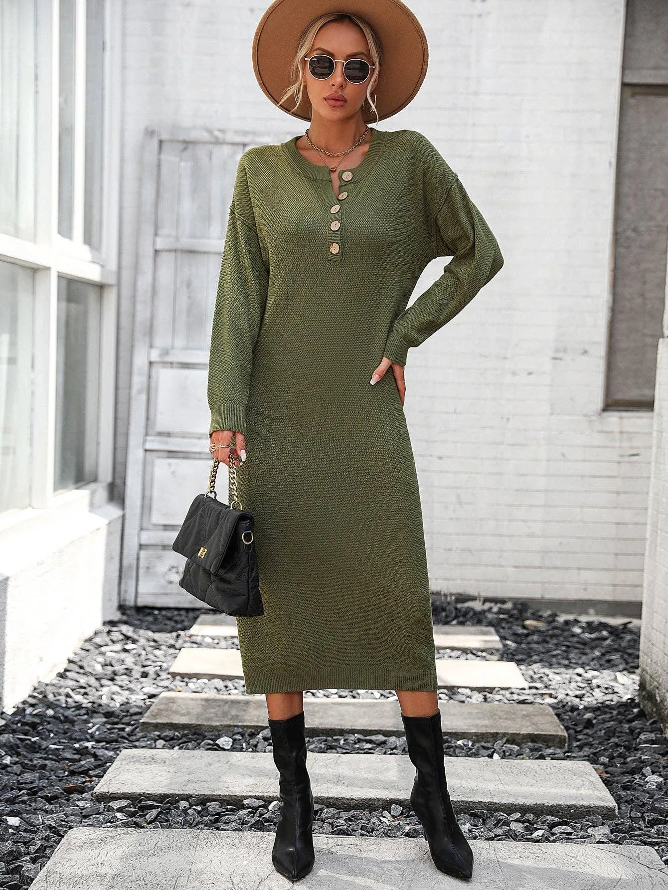 Ladies Button Long Sleeves Daily Knit Dress E2319