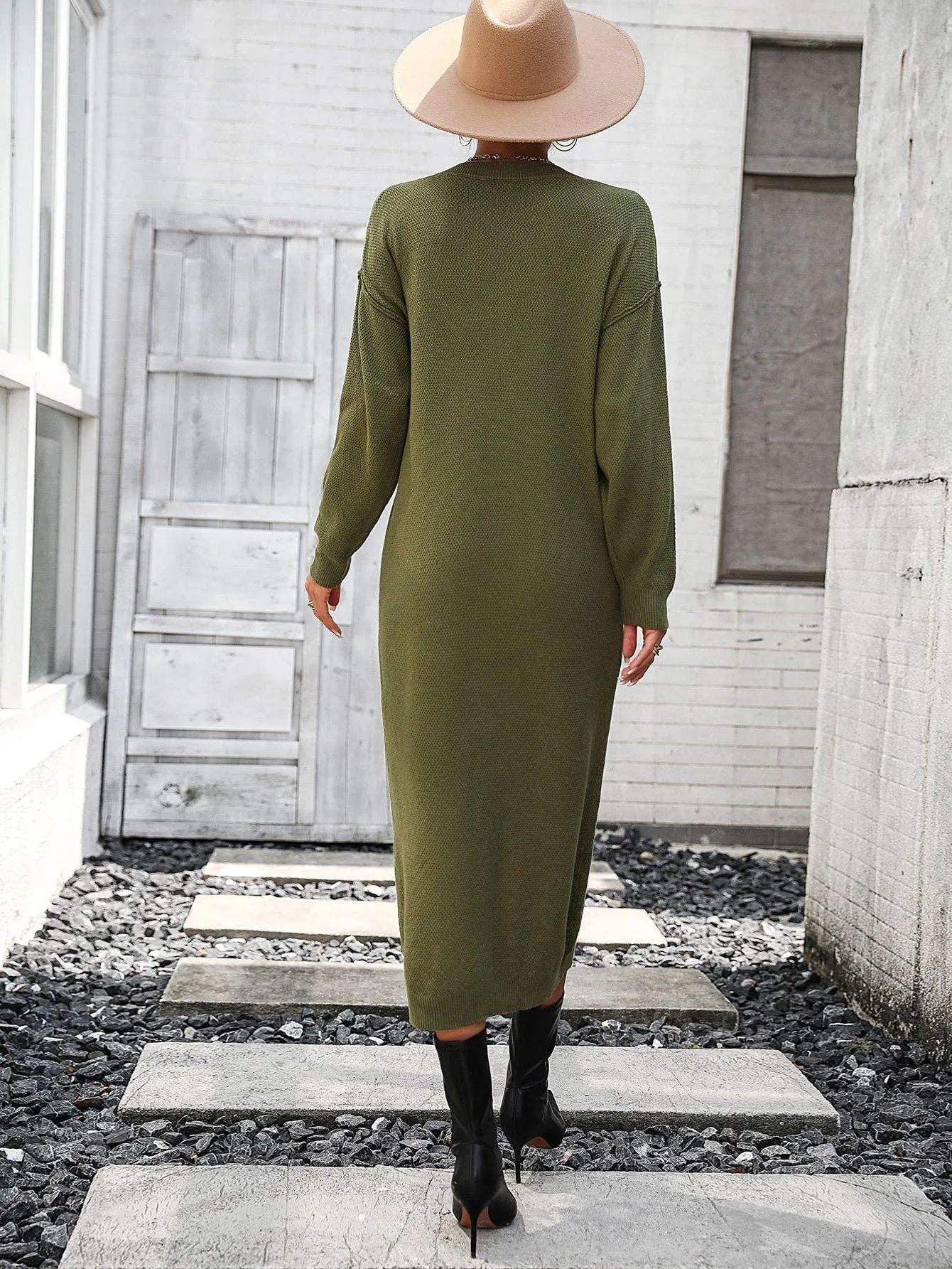 Ladies Button Long Sleeves Daily Knit Dress E2319