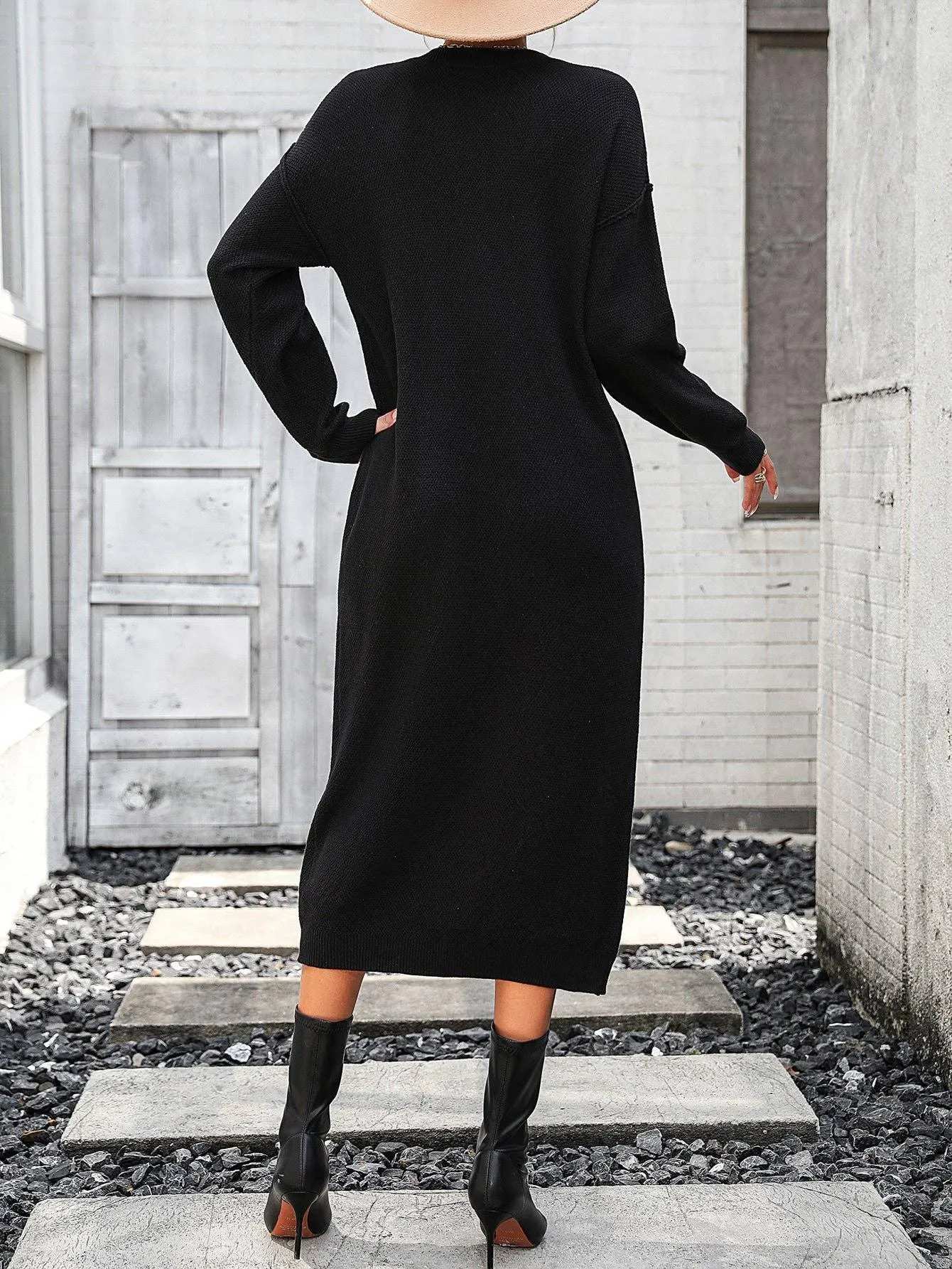 Ladies Button Long Sleeves Daily Knit Dress E2319