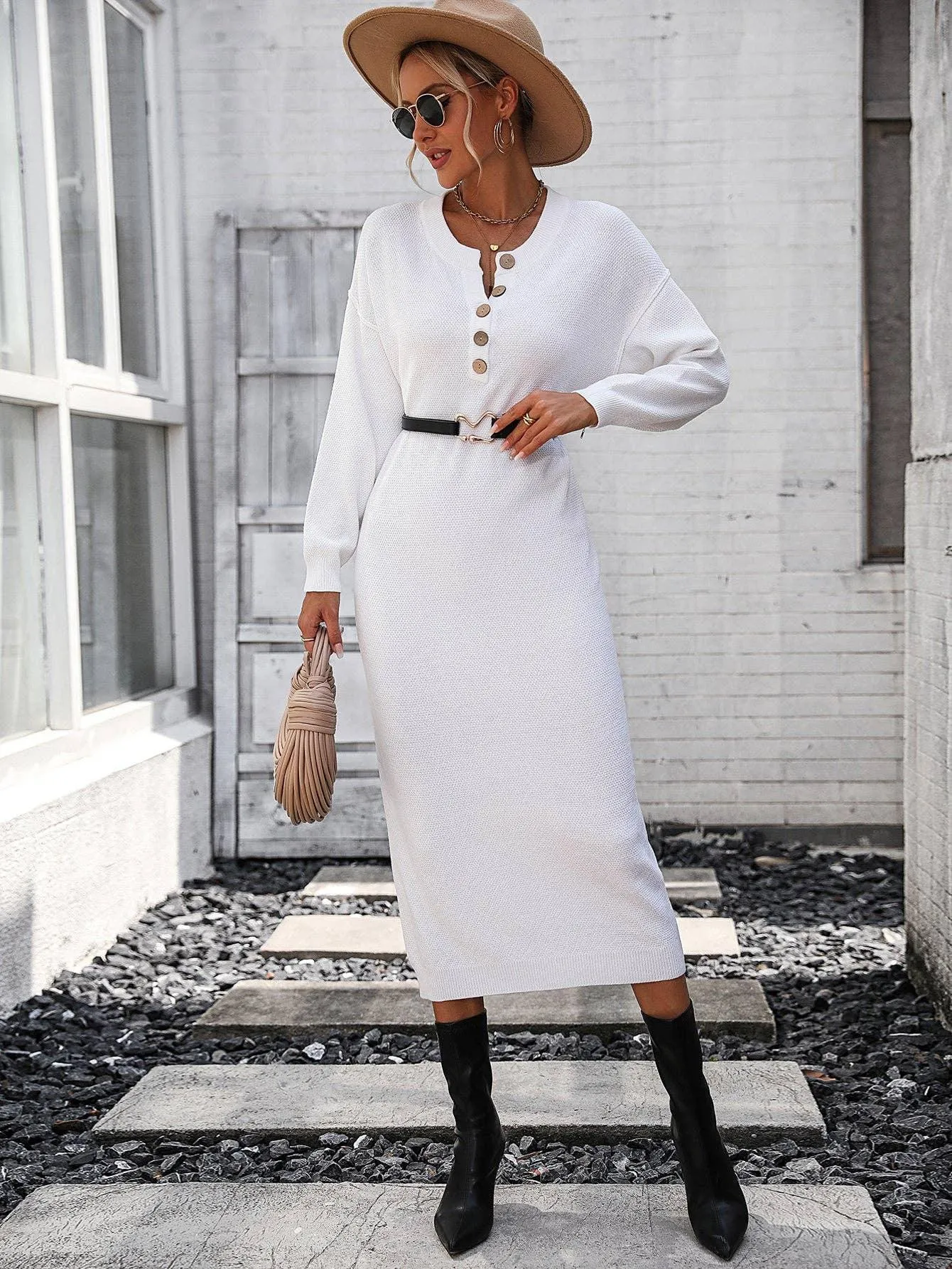 Ladies Button Long Sleeves Daily Knit Dress E2319