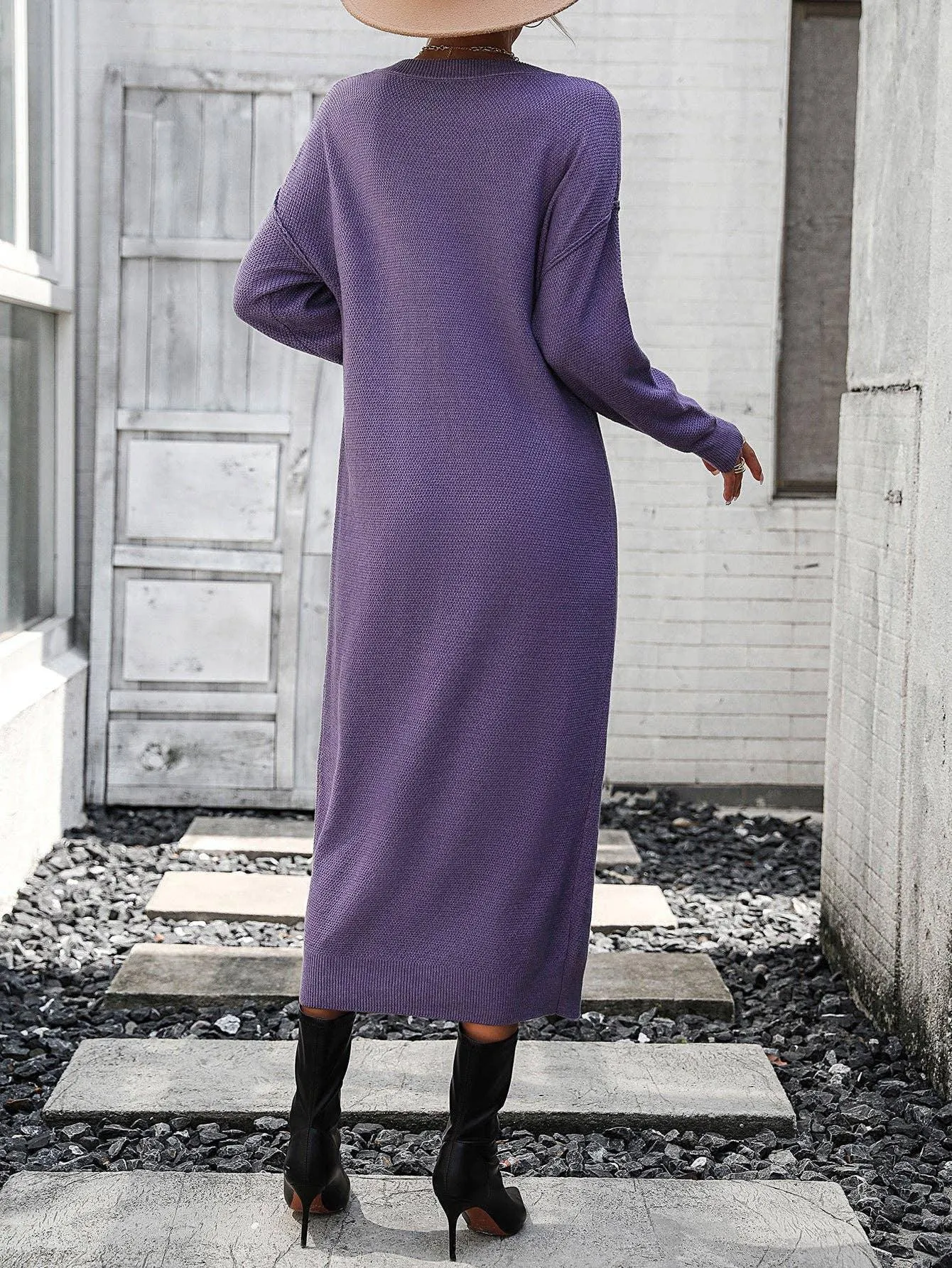 Ladies Button Long Sleeves Daily Knit Dress E2319