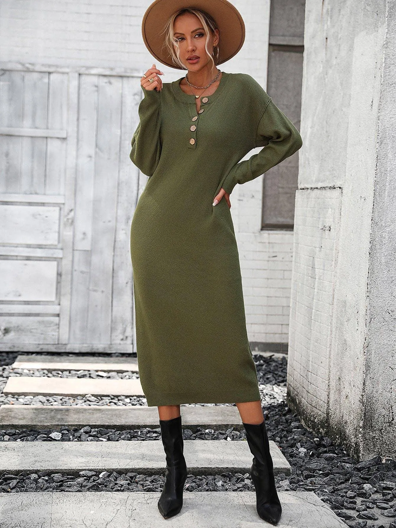 Ladies Button Long Sleeves Daily Knit Dress E2319