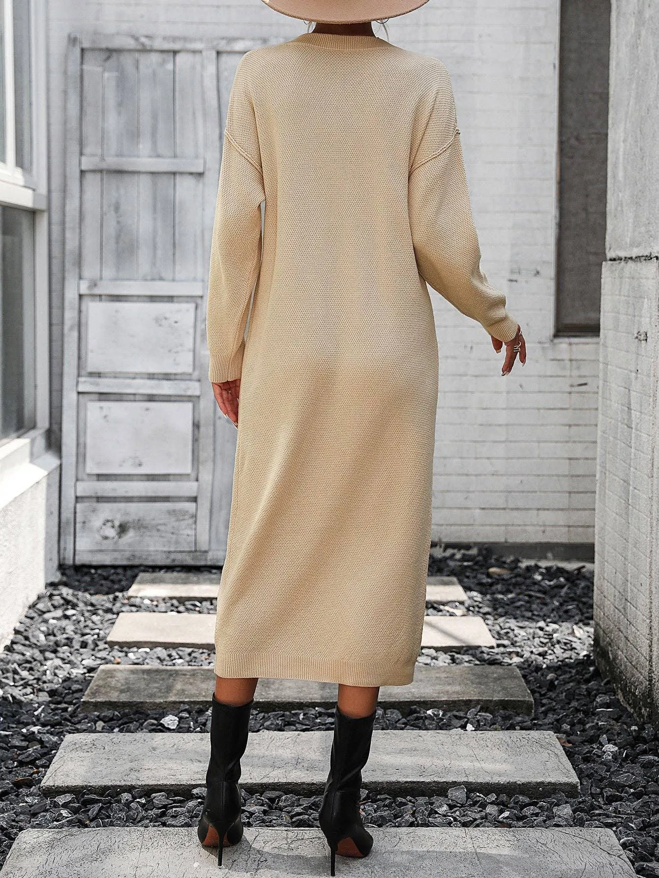 Ladies Button Long Sleeves Daily Knit Dress E2319