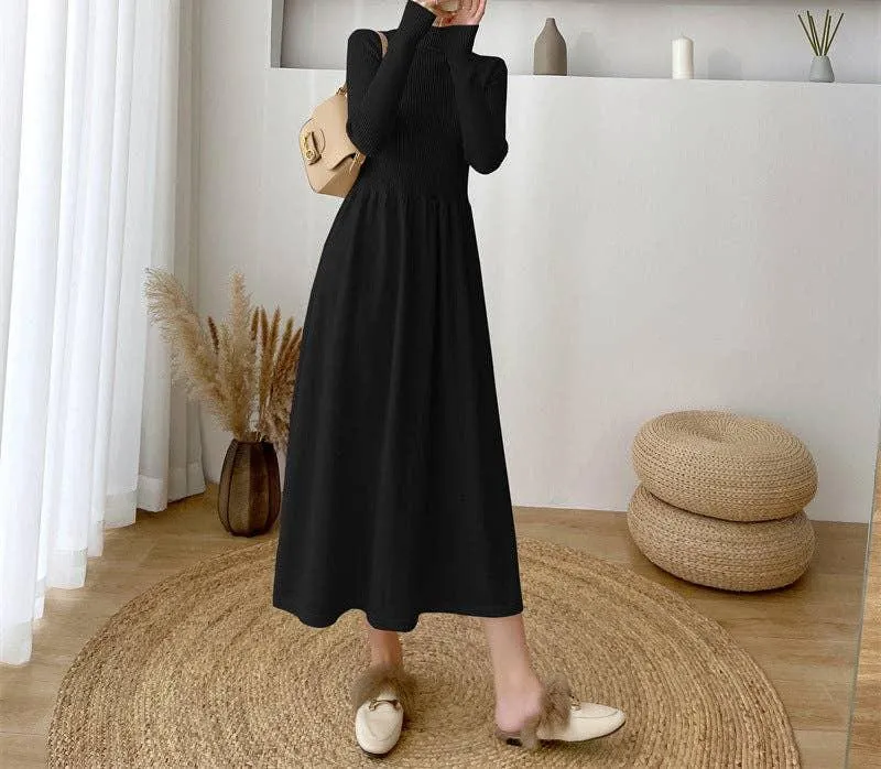 Ladies Half High Collar Midi Knit Dress 1258i057