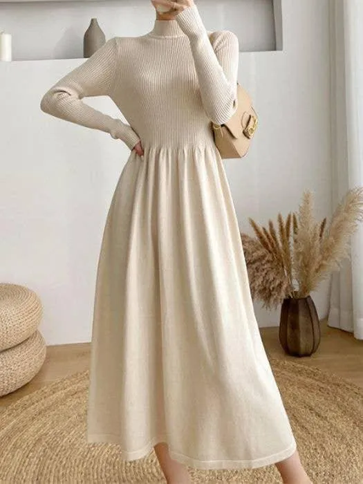 Ladies Half High Collar Midi Knit Dress 1258i057