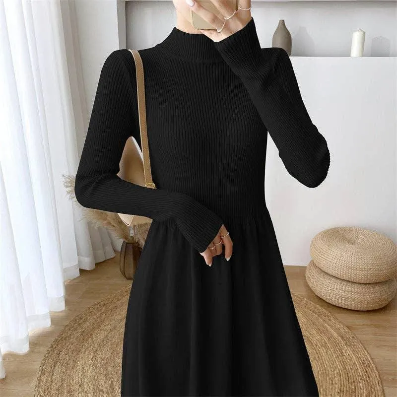 Ladies Half High Collar Midi Knit Dress 1258i057