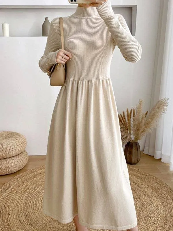 Ladies Half High Collar Midi Knit Dress 1258i057