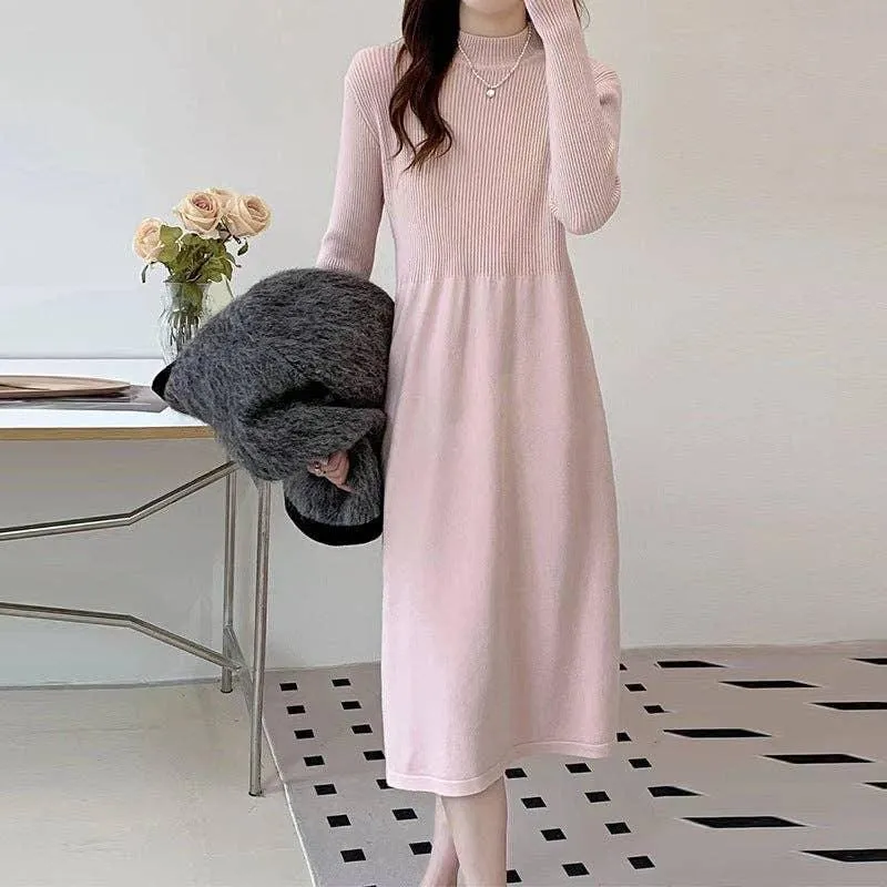 Ladies Half High Collar Midi Knit Dress 1258i057