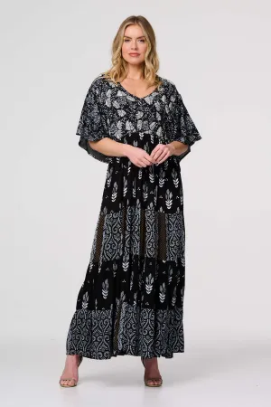 Leaf Print 3/4 Kimono Sleeve Maxi Dress