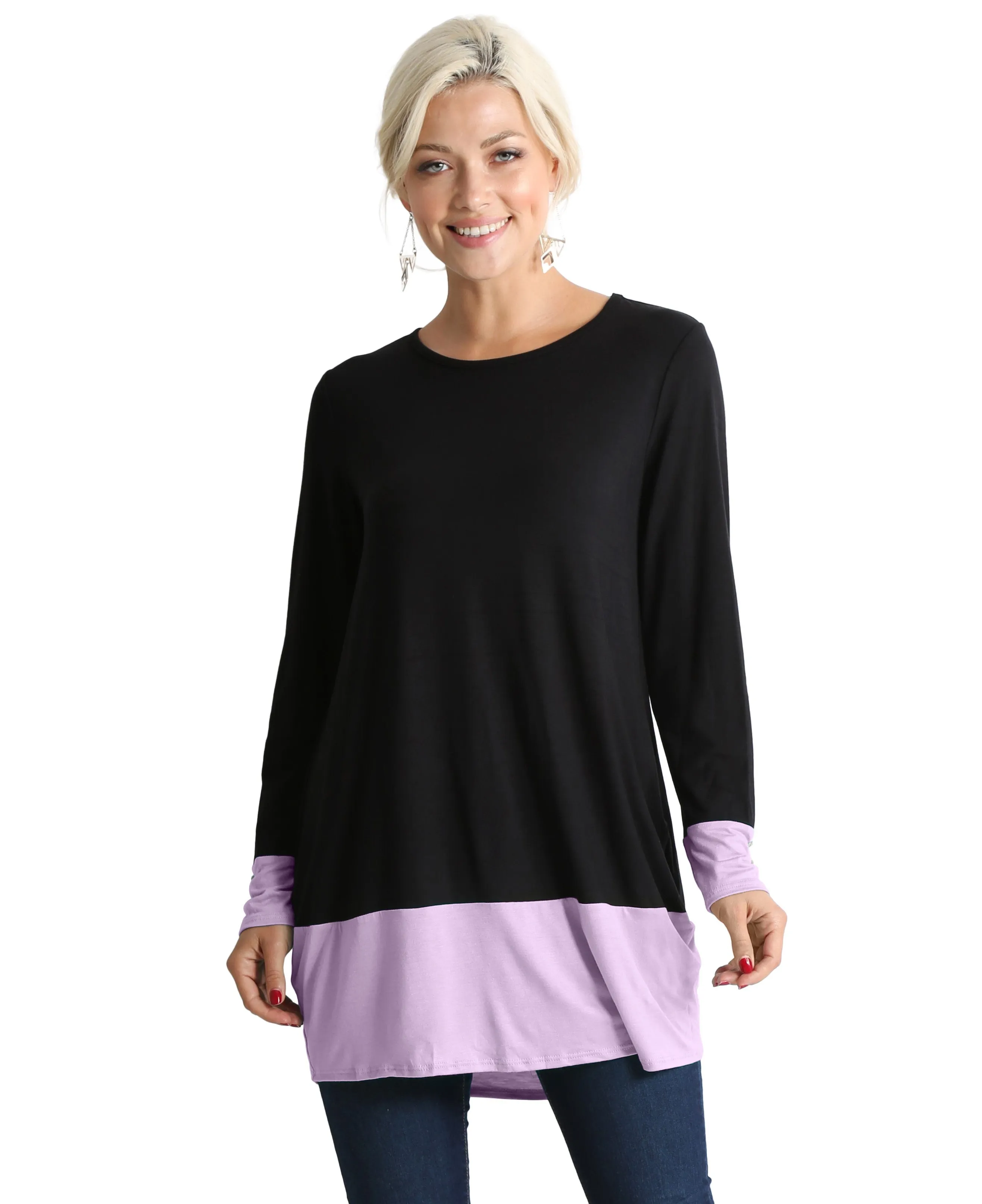 Long Sleeve Color Block Long Shirt for Women Reg and Plus Size Tunic Tops - Made In USA