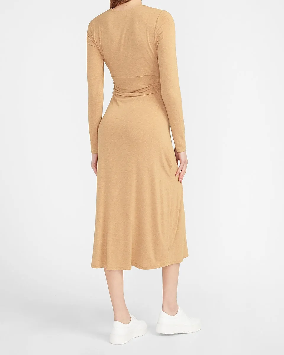 Long Sleeve Cross Front Knit Midi Dress in Camel Heather