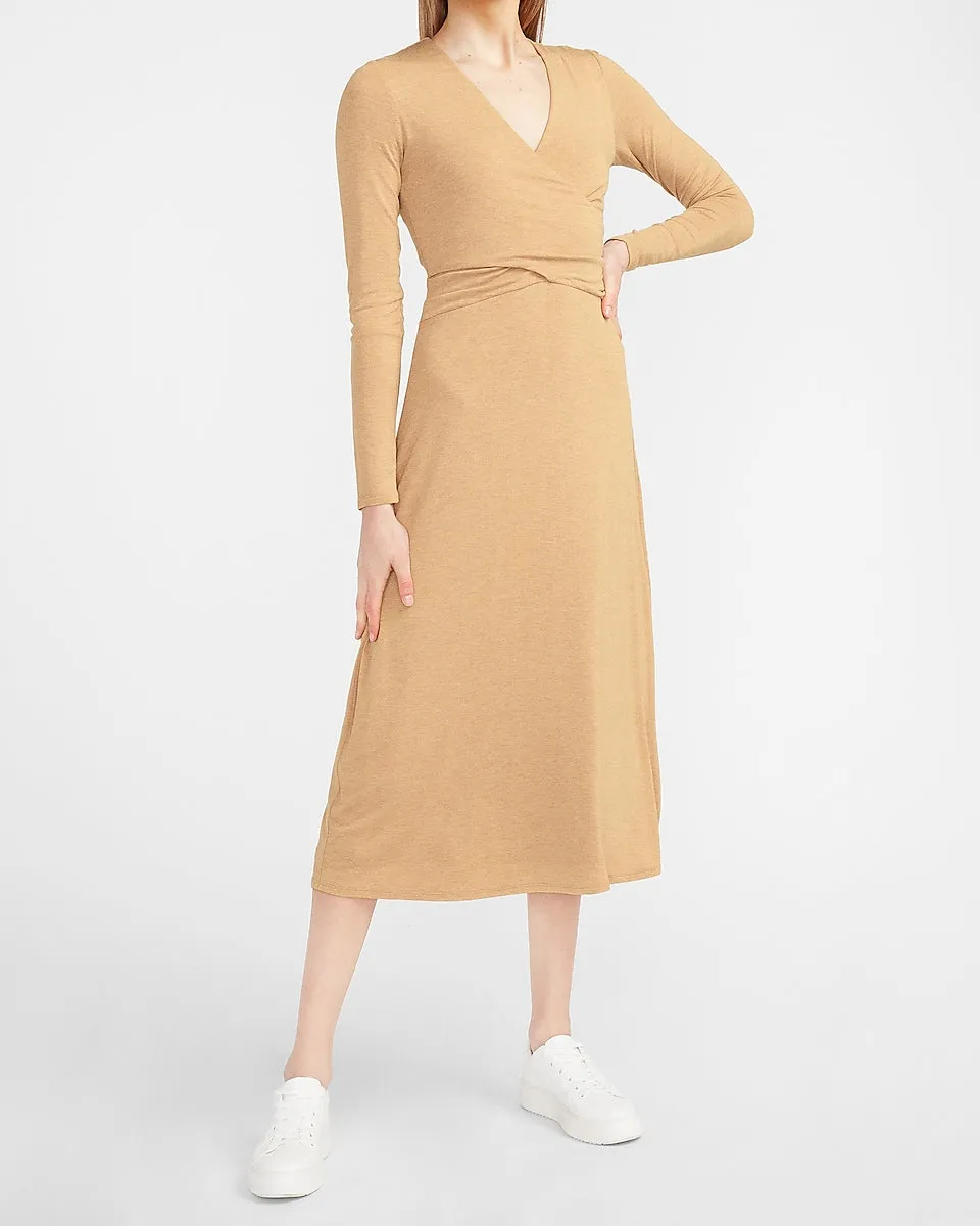 Long Sleeve Cross Front Knit Midi Dress in Camel Heather