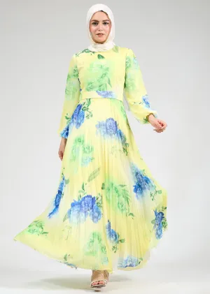 Lubab Floral Chiffon Modest Maxi Dress with Pleated Skirt and Belted Waist