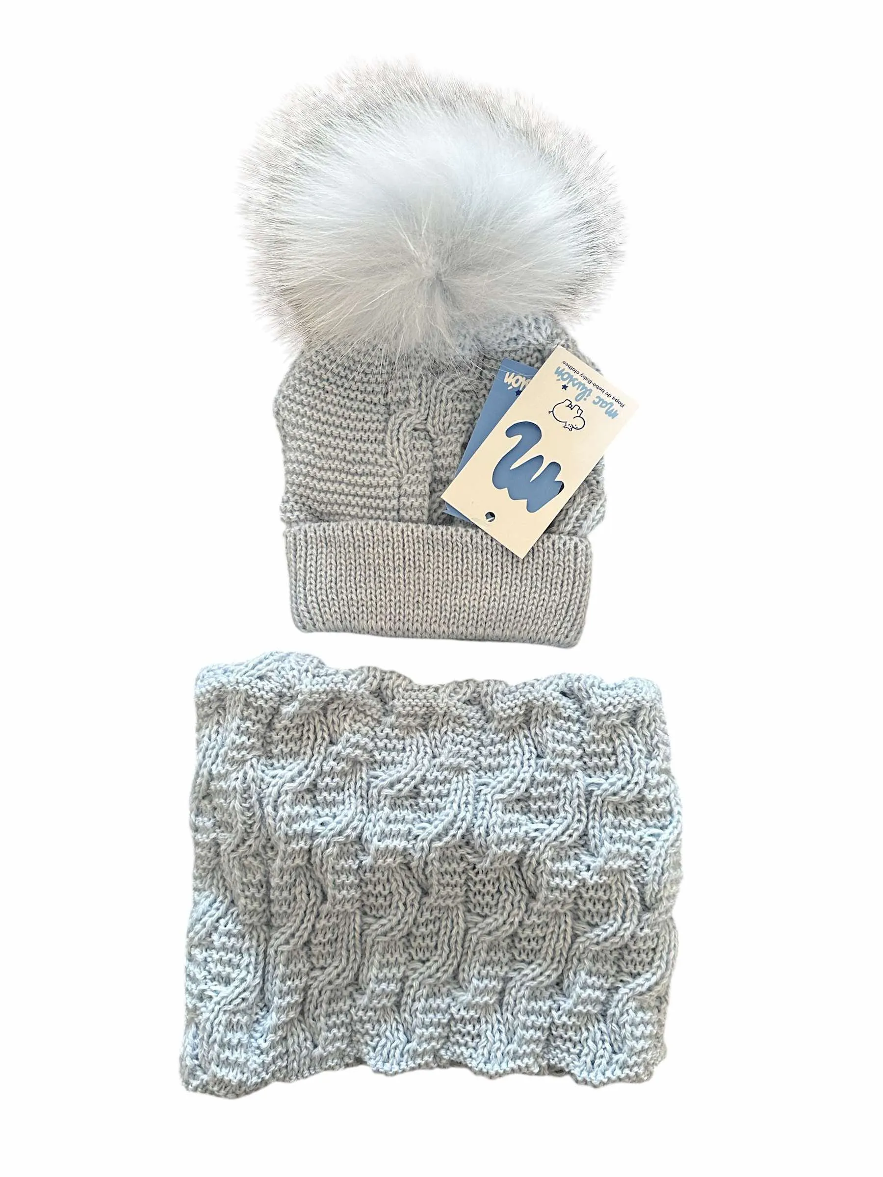 Mac Ilusion AW24 - Baby Boys Blue Pom Pom Cable Knit Hat with Neck Muff