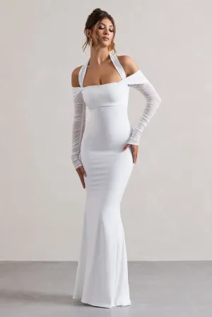 Malisha | White Halter-Neck Long-Sleeve Fishtail Maxi Dress