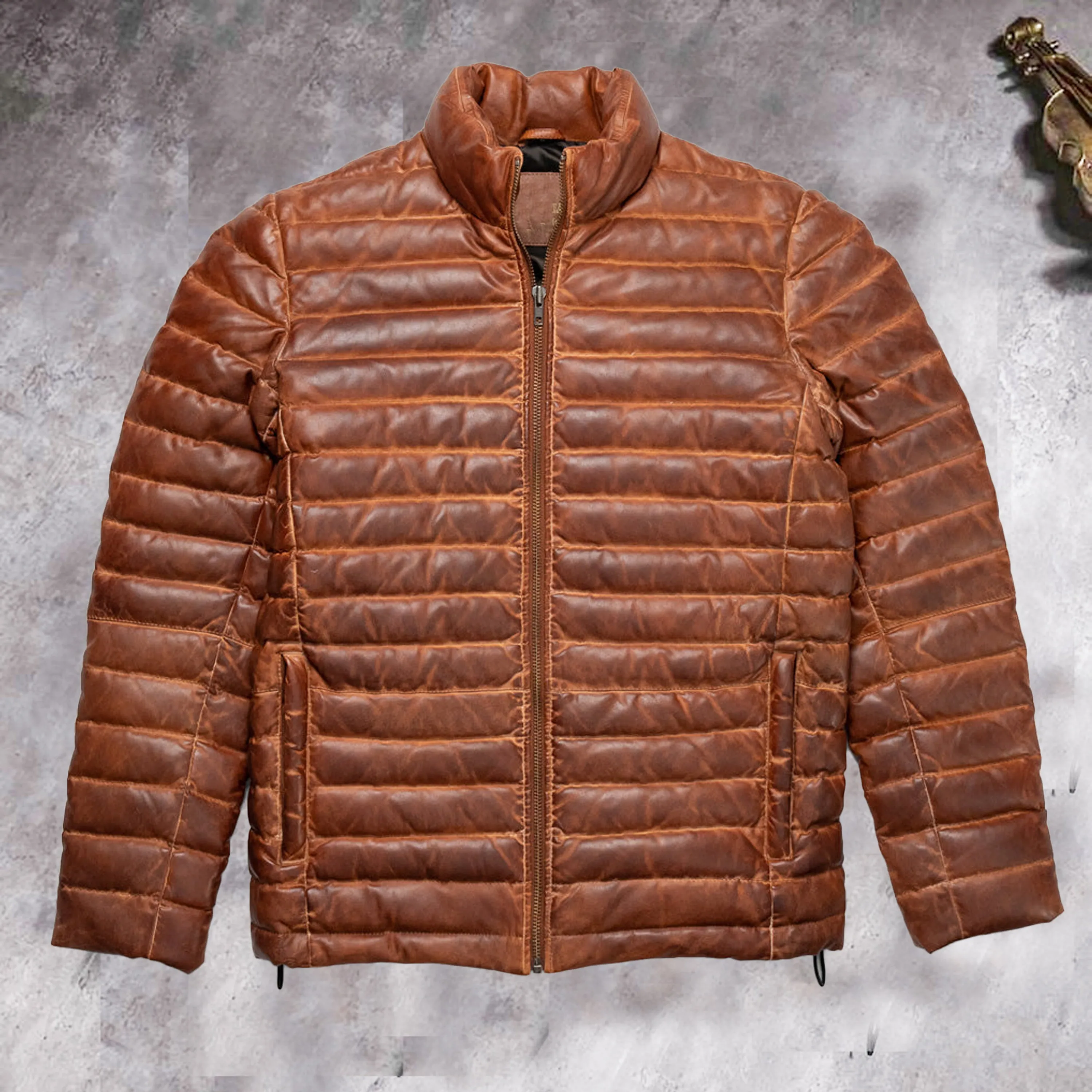 Men's Brown Leather Puffer Jacket