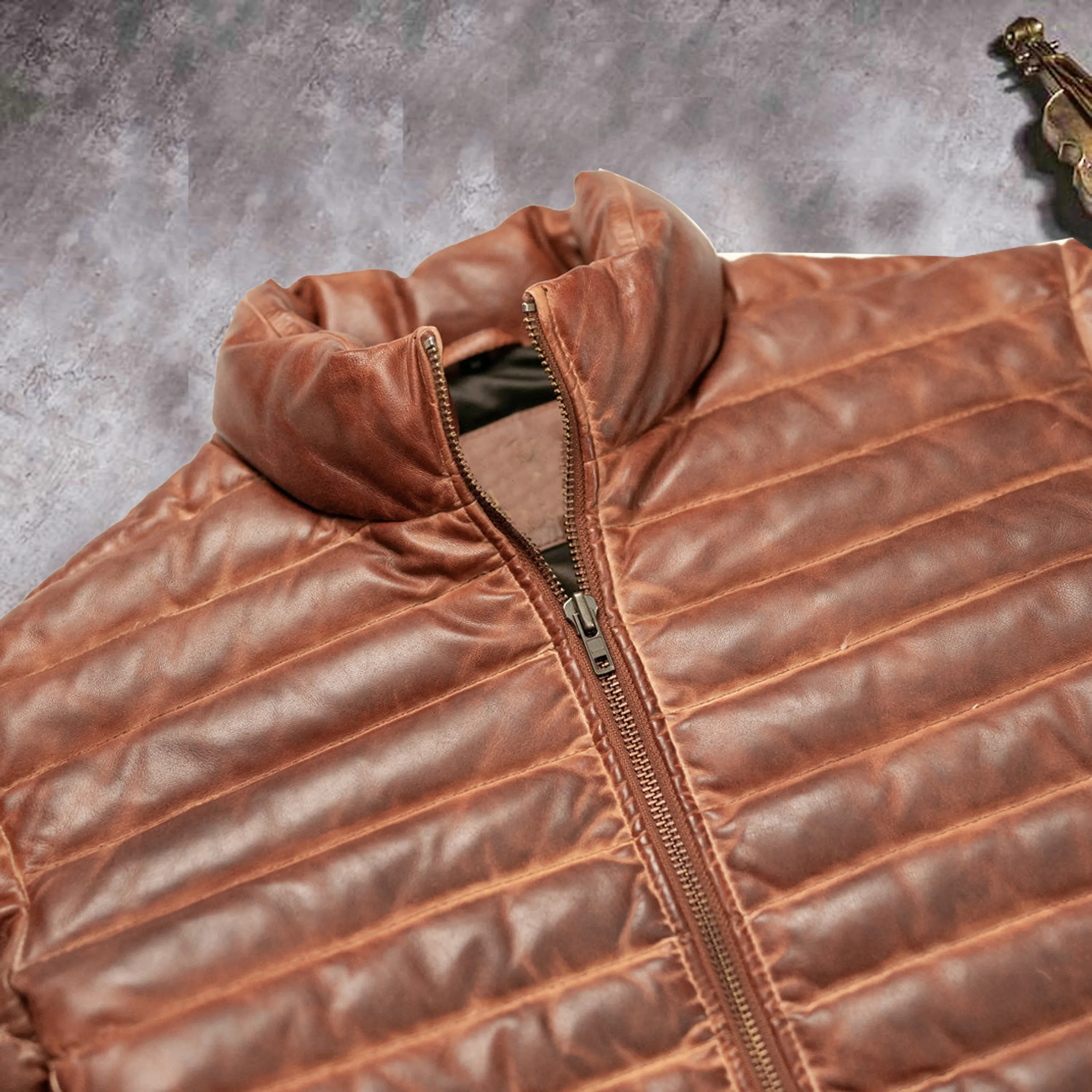 Men's Brown Leather Puffer Jacket