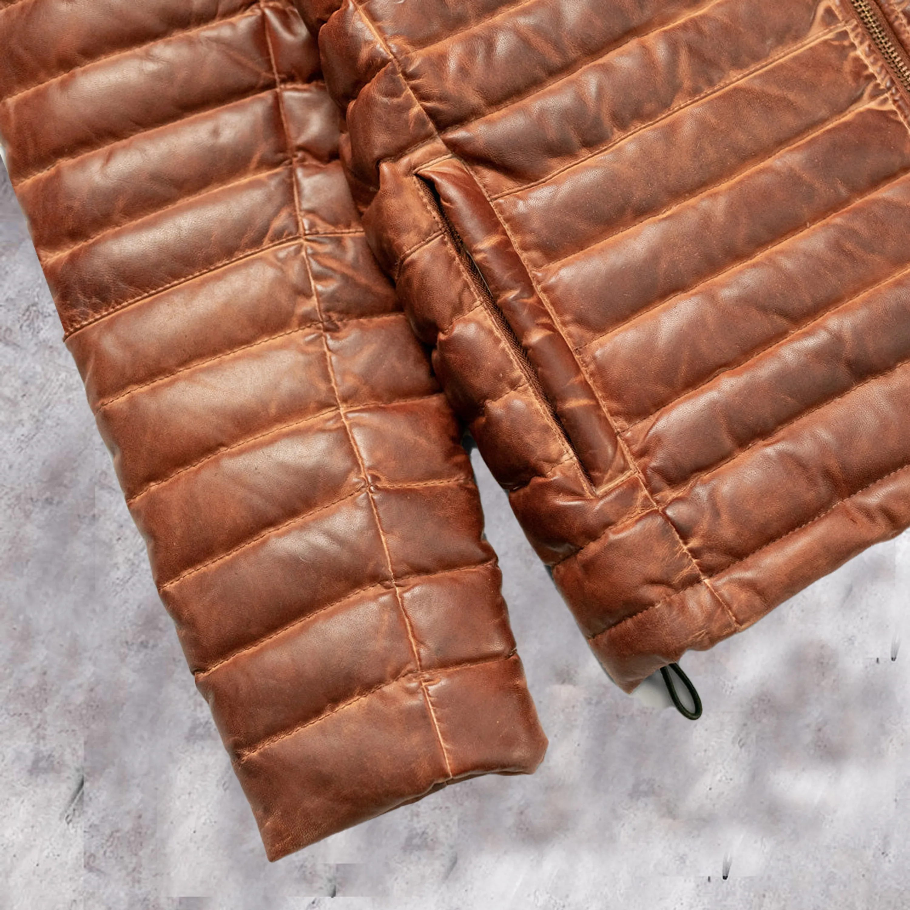 Men's Brown Leather Puffer Jacket