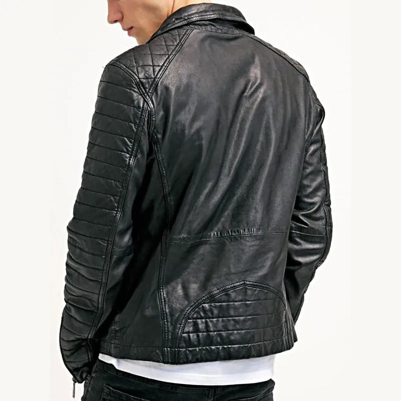 Mens Waxed Sheepskin Quilted Leather Biker Jacket Black