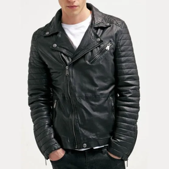 Mens Waxed Sheepskin Quilted Leather Biker Jacket Black