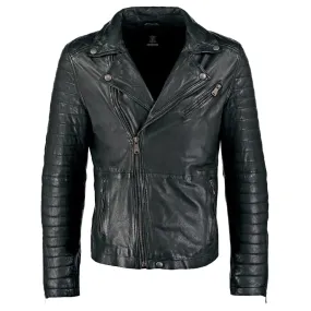 Mens Waxed Sheepskin Quilted Leather Biker Jacket Black