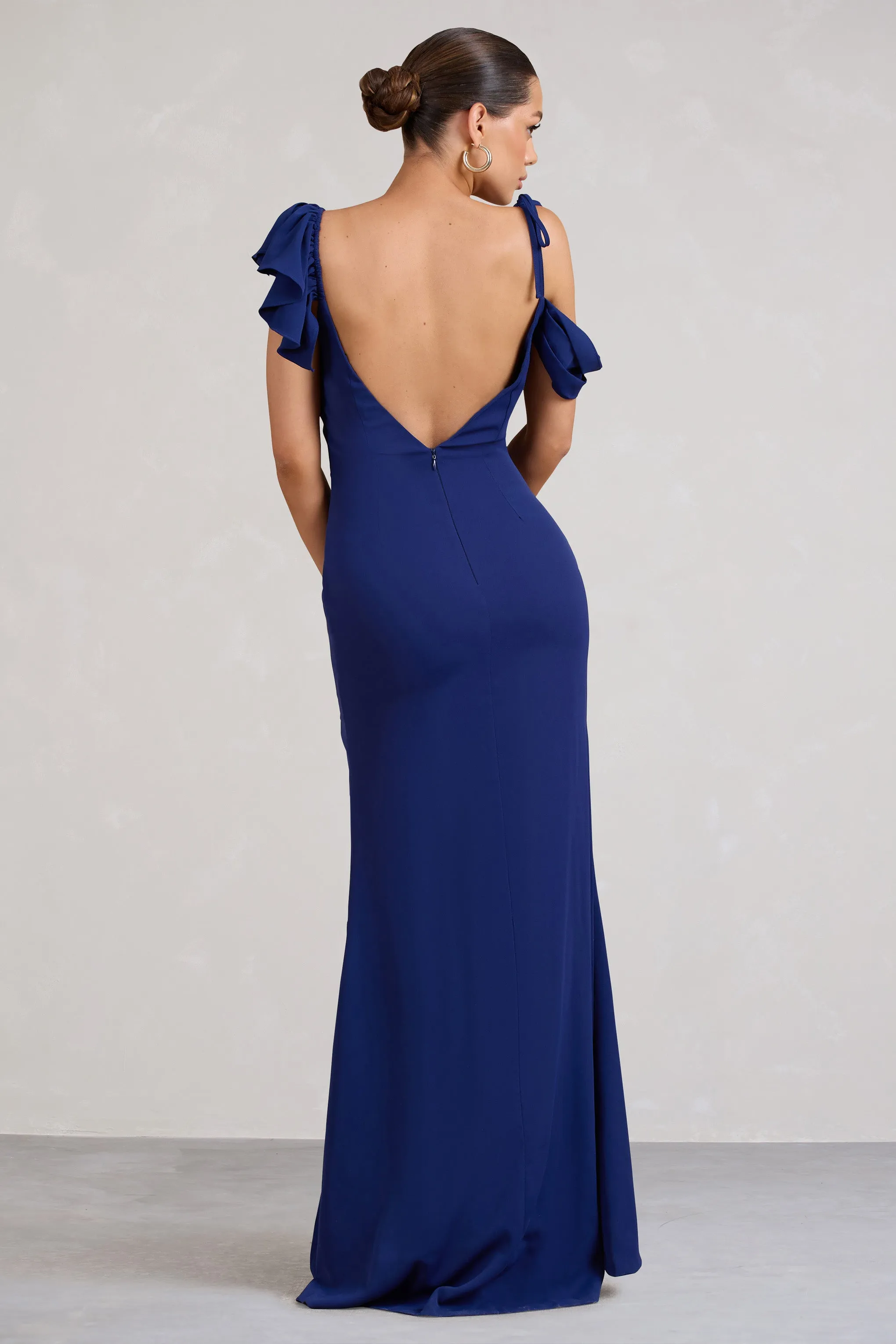 Merlot | Navy Asymmetric Draped Split Maxi Dress