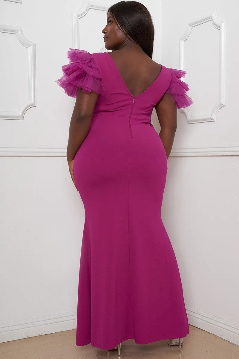 Mesh Tulle Shoulder Voluptuous ( ) Plus Size Maxi Dress - 3 colors